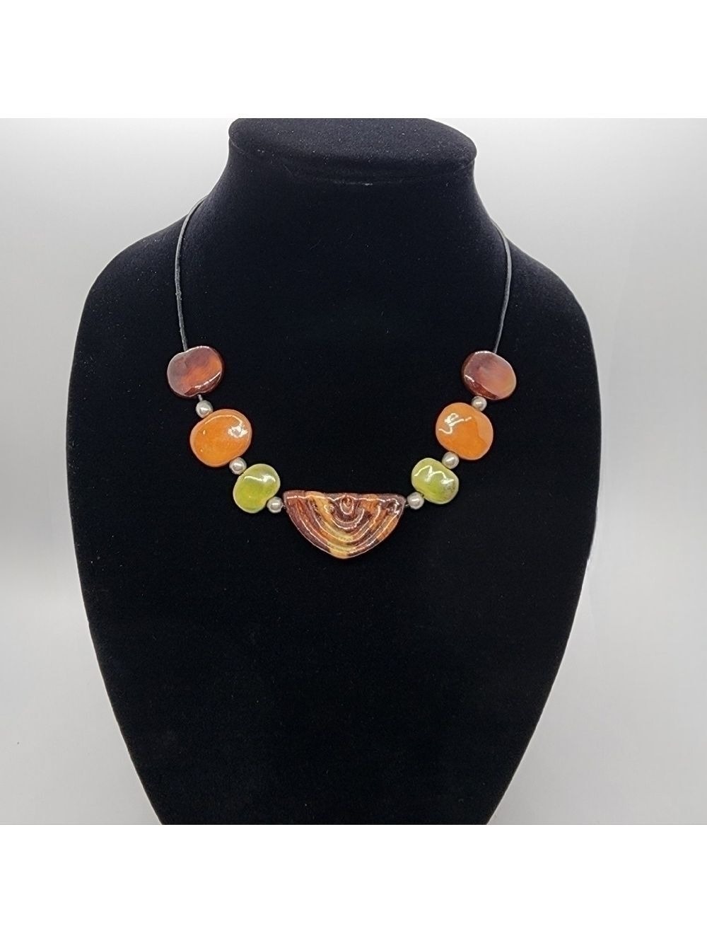African Kazuri handmade ceramic beaded earth tone necklace Shepherd hook clasp